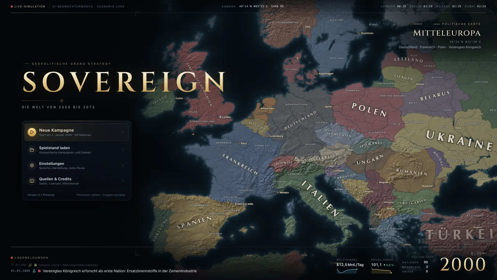 Titelbildschirm mit Live-Karte Mitteleuropas
