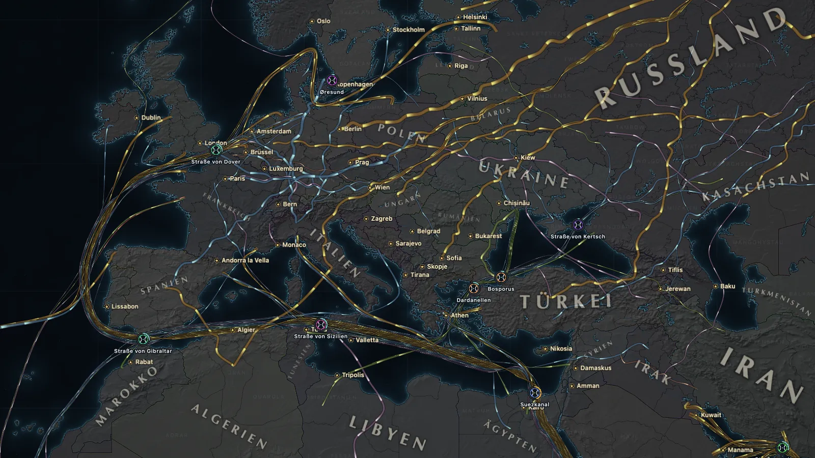 Handelsströme über Europa und dem Mittelmeer mit Engpässen